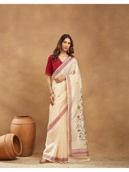 Fabindia - Women' Beige Cotton Silk Floral Saree Without Blouse