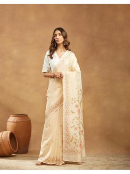 Fabindia - Women' Cream Cotton Silk Floral Saree Without Blouse