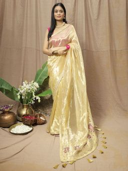 Save As - Women'S Gold Chanderi Silk Embroidered Saree Without Blouse