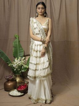 Save As - Women'S White Chanderi Silk Saree Without Blouse