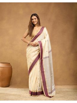 Fabindia - Women' Cream Silk Blend Woven Saree Without Blouse