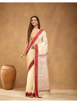 Fabindia - Women' Cream Silk Blend Woven Saree Without Blouse