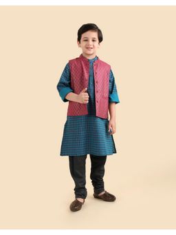 Fabindia - Boys Multi-Color Cotton Geometric Kurta An Nehru Jacket