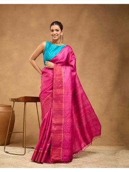 Fabindia - Women' Magenta Silk Blend Woven Saree Without Blouse