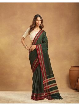 Fabindia - Women' Olive Cotton Woven Saree Without Blouse