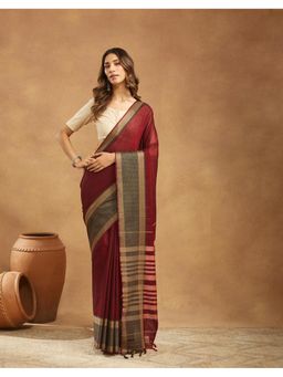 Fabindia - Women' Maroon Cotton Woven Saree Without Blouse