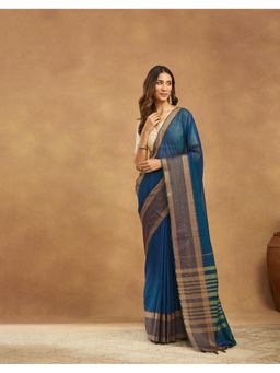 Fabindia - Women' Teal Cotton Woven Saree Without Blouse