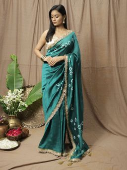 Save As - Women'S Teal Chanderi Silk Printed Saree Without Blouse