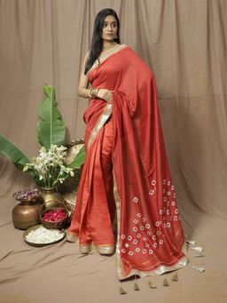 Save As - Women'S Red Chanderi Silk Printed Saree Without Blouse