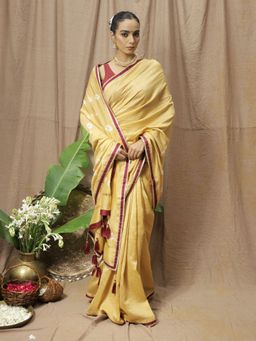 Save As - Women'S Gold Chanderi Silk Printed Saree Without Blouse