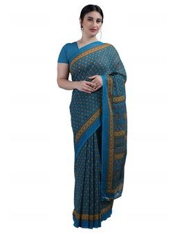 Garden VARELI - Blue Floral Printed Georgette Saree Without Blouse