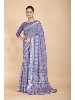 Garden VARELI - Purple Block Print Printed Satin Saree with Unstitched Blouse