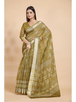 Garden VARELI - Olive Floral Printed Saree with Unstitched Blouse