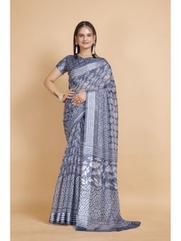 Garden VARELI - Floral Printed Grey Satin Saree with Unstitched Blouse