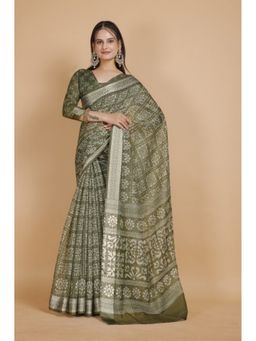 Garden VARELI - Olive Geometric Printed Satin Saree with Unstitched Blouse