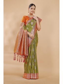 Garden VARELI - Olive Paisley Woven Art Silk Saree with Unstitched Blouse