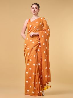 COTTONS DAILY - Women'S Orange Cotton Floral Saree with Unstitched Blouse