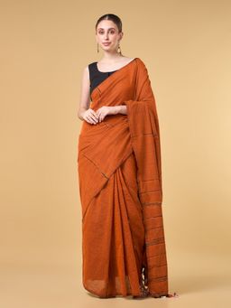COTTONS DAILY - Women'S Rust Cotton Solid Saree with Unstitched Blouse