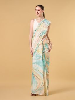 COTTONS DAILY - Women'S Blue Cotton Abstract Saree with Unstitched Blouse