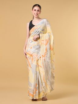 COTTONS DAILY - Women'S Yellow Cotton Abstract Saree with Unstitched Blouse