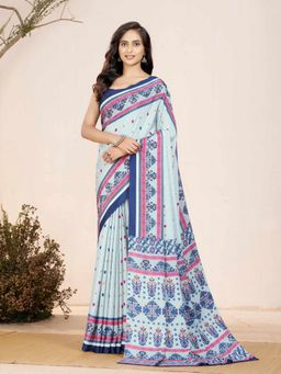 Garden VARELI - Blue Printed Crepe Saree with Unstitched Blouse