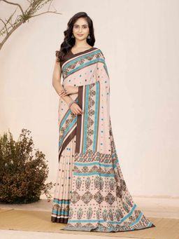 Garden VARELI - Cream Geometric Printed Crepe Saree with Unstitched Blouse