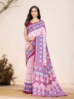 Garden VARELI - Pink Indian Printed Crepe Saree with Unstitched Blouse