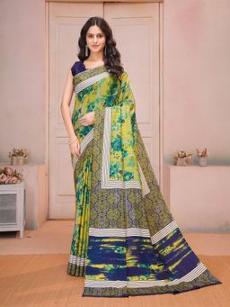 Garden VARELI - Floral Printed Green Crepe Saree with Unstitched Blouse