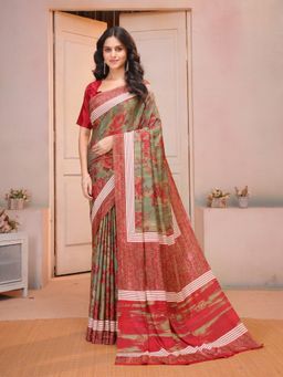 Garden VARELI - Red Floral Printed Crepe Saree with Unstitched Blouse