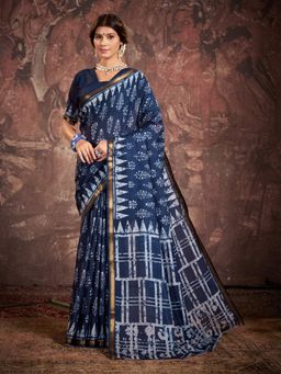 Garden VARELI - Blue Viscose Floral Saree with Unstitched Blouse
