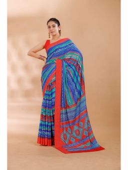 Garden VARELI - Blue Geometric Printed Crepe Saree with Unstitched Blouse