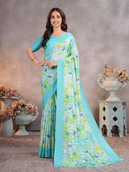 Garden VARELI - Turquoise Floral Printed Crepe Saree with Unstitched Blouse