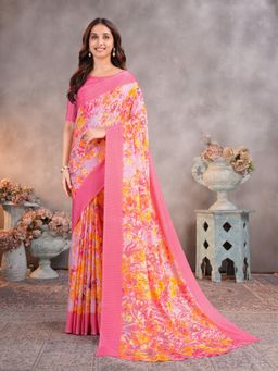 Garden VARELI - Pink Floral Printed Crepe Saree with Unstitched Blouse