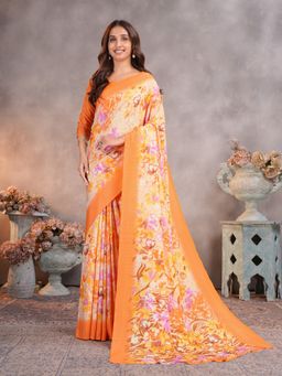 Garden VARELI - Orange Floral Printed Crepe Saree with Unstitched Blouse