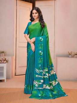 Garden VARELI - Teal Floral Printed Crepe Saree with Unstitched Blouse