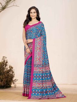Garden VARELI - Blue Indian Floral Printed Crepe Saree with Unstitched Blouse