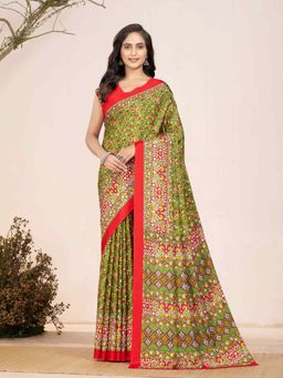 Garden VARELI - Olive Floral Printed Crepe Saree with Unstitched Blouse
