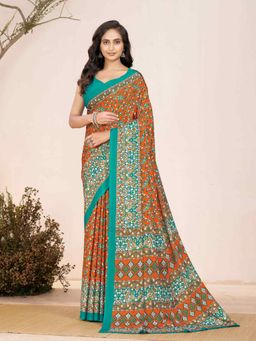 Garden VARELI - Orange Floral Crepe Saree with Unstitched Blouse