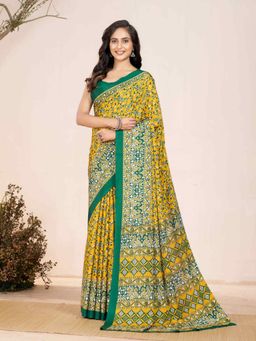 Garden VARELI - Yellow Floral Printed Saree with Unstitched Blouse