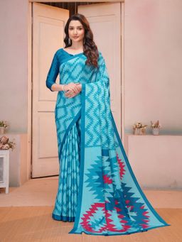 Garden VARELI - Geometric Printed Blue Crepe Saree with Unstitched Blouse