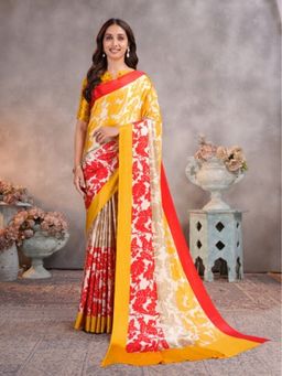 Garden VARELI - Floral Printed Yellow Crepe Saree with Unstitched Blouse