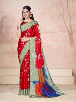 Garden VARELI - Red Abstract Printed Crepe Saree with Unstitched Blouse