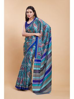 Garden VARELI - Blue Paisley Printed Satin Saree with Unstitched Blouse