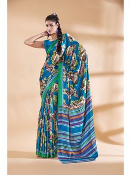 Garden VARELI - Blue Floral Printed Saree with Unstitched Blouse