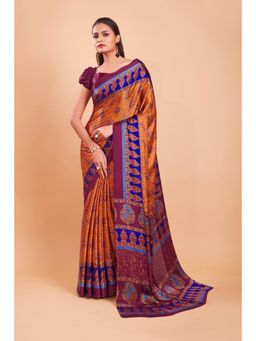 Garden VARELI - Wine Floral Printed Satin Saree with Unstitched Blouse
