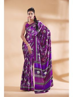 Garden VARELI - Purple Floral Printed Saree with Unstitched Blouse