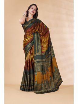Garden VARELI - Abstract Printed Yellow Satin Saree with Unstitched Blouse