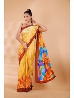 Garden VARELI - Yellow Floral Printed Crepe Saree with Unstitched Blouse