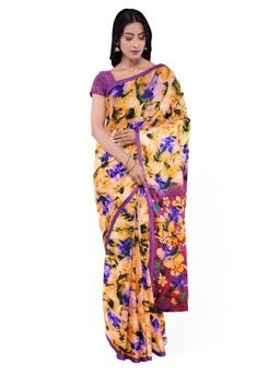 Garden VARELI - Yellow Floral Crepe Saree with Unstitched Blouse