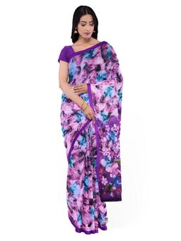 Garden VARELI - Purple Floral Printed Crepe Saree with Unstitched Blouse